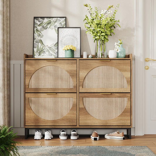 Shoe Cabinet, Rattan Shoe Storage Cabinet with Flip Drawers, Rustic Oak Freestanding shown in the main product view