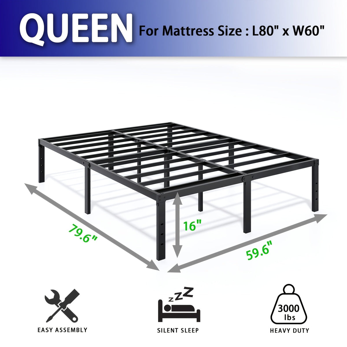 Bed Frame shown in the QUEEN, 16inch option