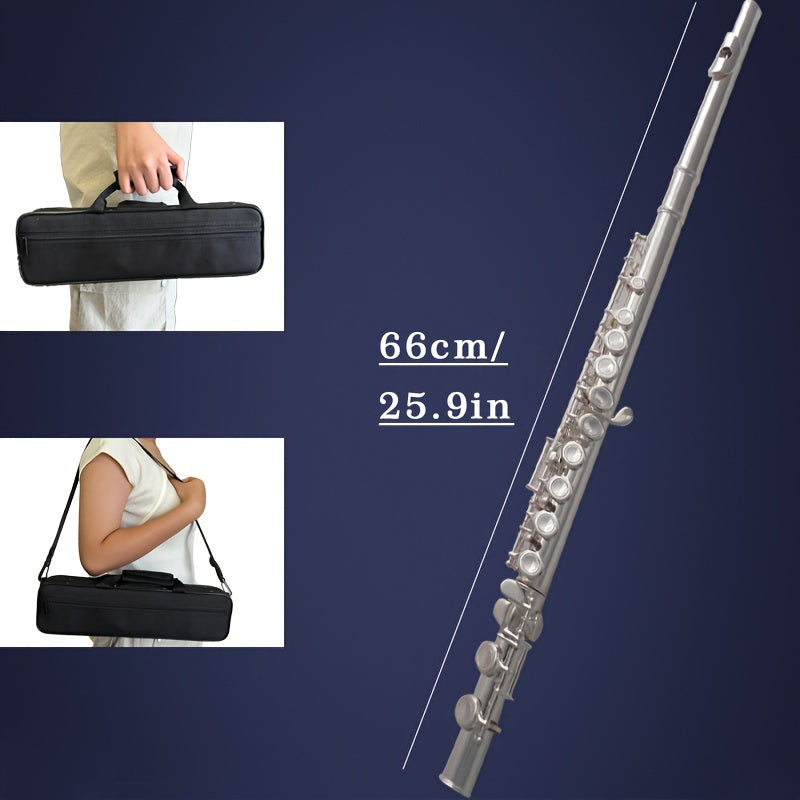 HOGSN 16-Hole Concert Flute in C with Hard Case and Cleaning Kit shown in the Nickel Plated option