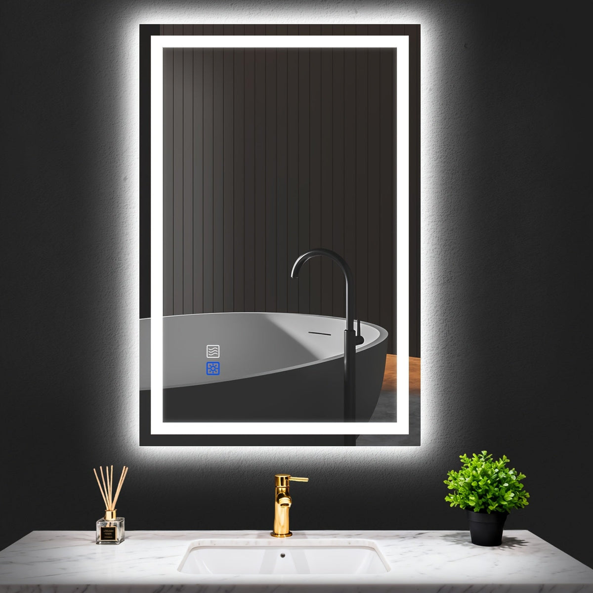 LED Bathroom Mirror shown in the 36"x24" option