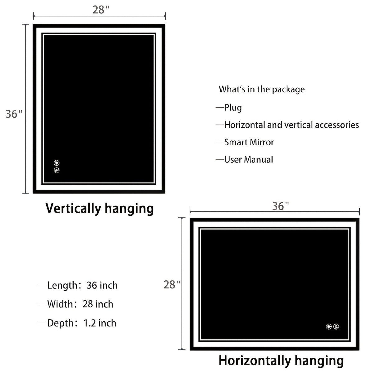 LED Bathroom Mirror shown in the 28X36''Horizontal/Vertical option