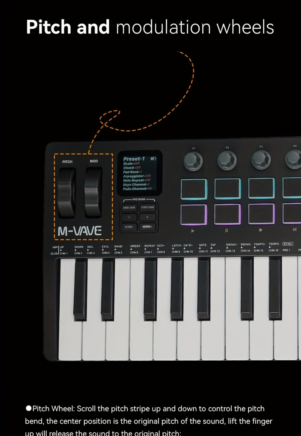 MIDI Keyboard Controller, Portable, 37 Keys, M-VAVE, SMK-37, Pro for Music Production detail image - detail view 15