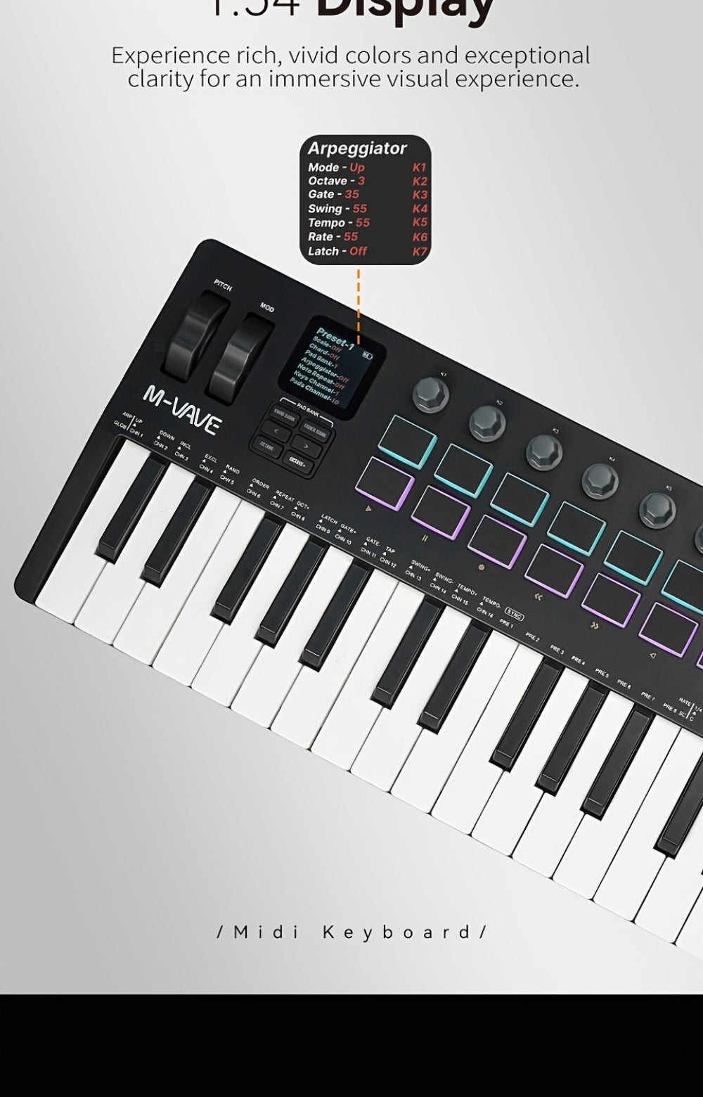 MIDI Keyboard Controller, Pure Black, Wireless, M-VAVE, SMK37PRO, Professional for Music detail image - detail view 14
