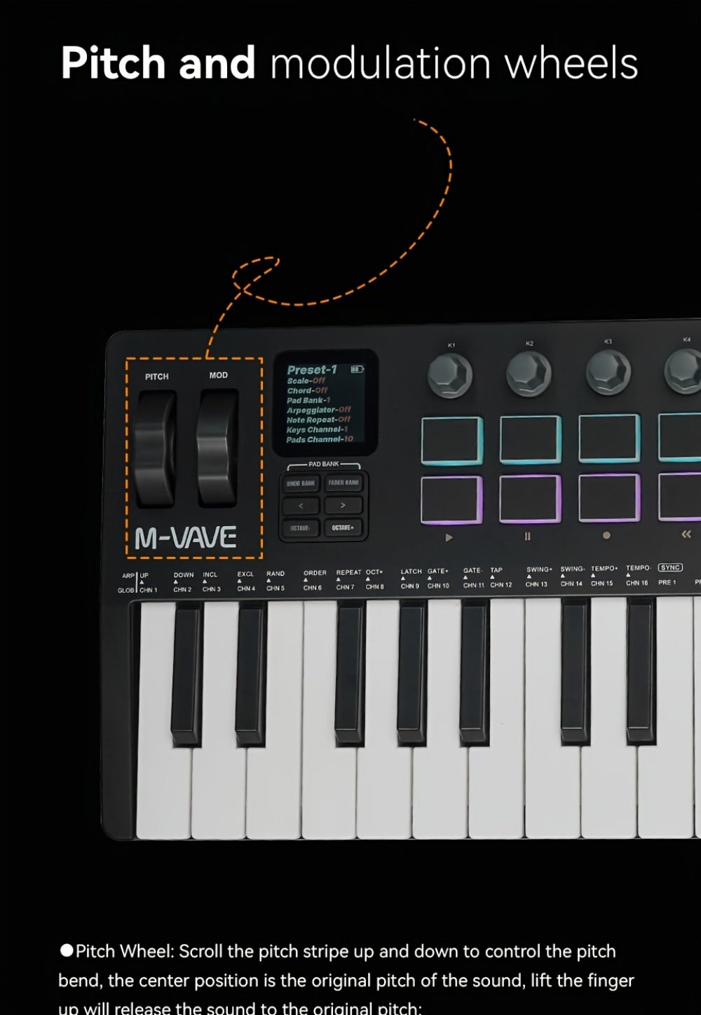 MIDI Keyboard Controller, Pure Black, Wireless, M-VAVE, SMK37PRO, Professional for Music detail image - detail view 15