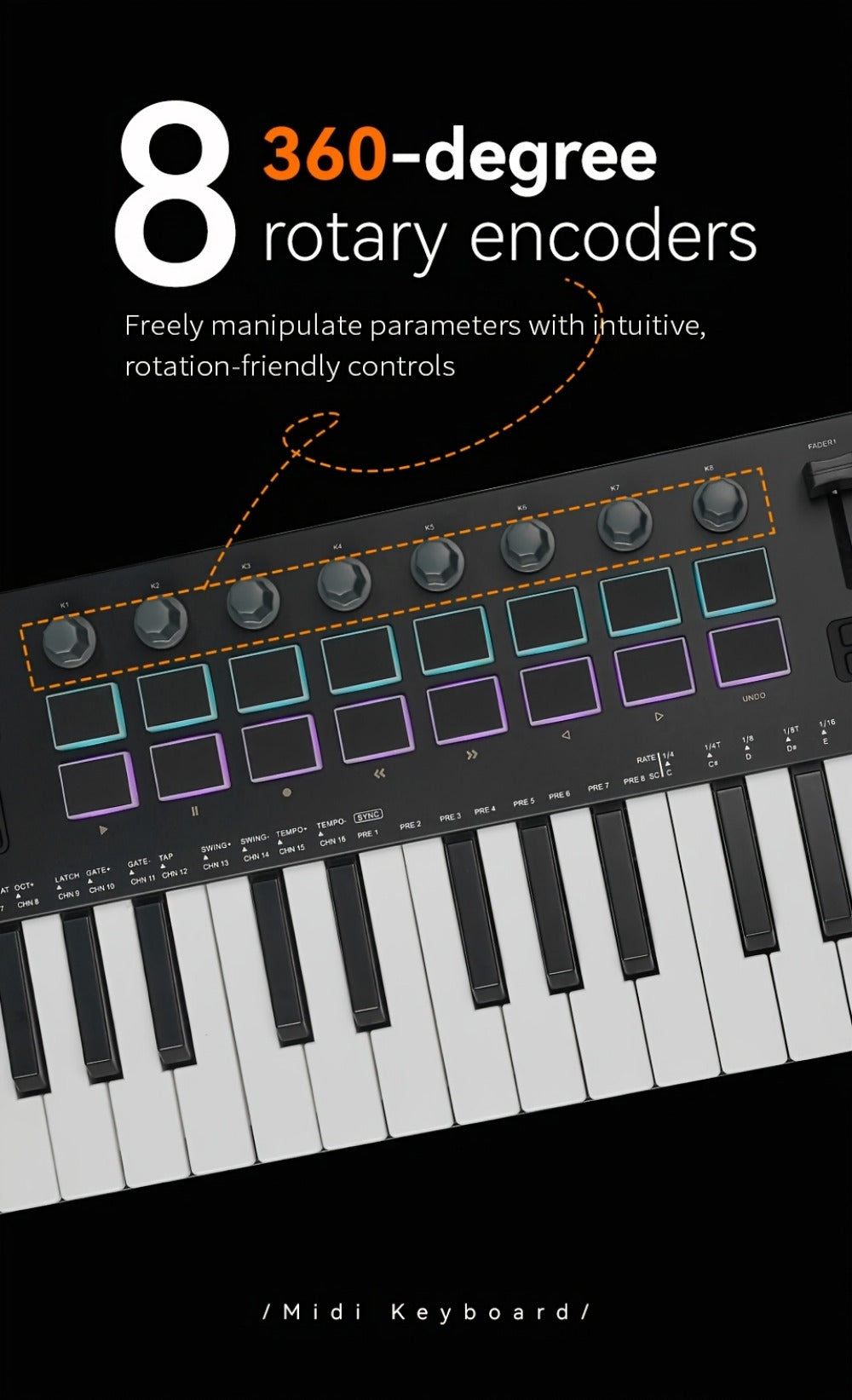 MIDI Keyboard Controller, Pure Black, Wireless, M-VAVE, SMK37PRO, Professional for Music detail image - detail view 20