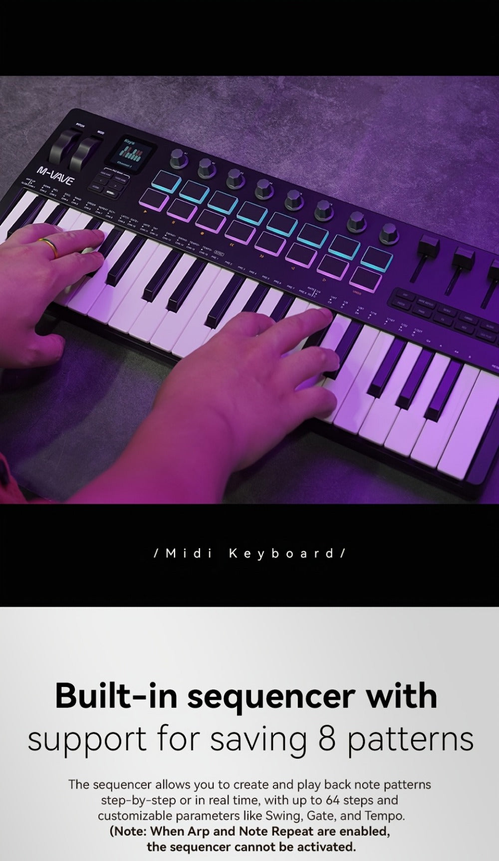 MIDI Keyboard Controller, Pure Black, Wireless, M-VAVE, SMK37PRO, Professional for Music detail image - detail view 22