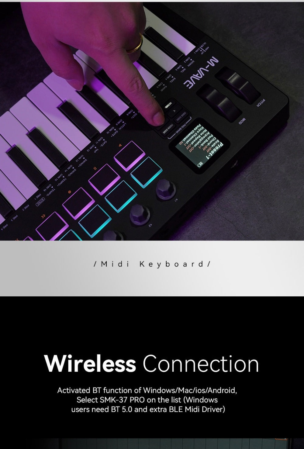 MIDI Keyboard Controller, Pure Black, Wireless, M-VAVE, SMK37PRO, Professional for Music detail image - detail view 23