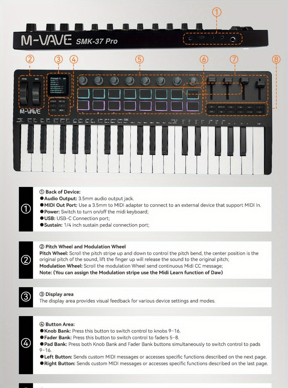 MIDI Keyboard Controller, Pure Black, Wireless, M-VAVE, SMK37PRO, Professional for Music detail image - detail view 25