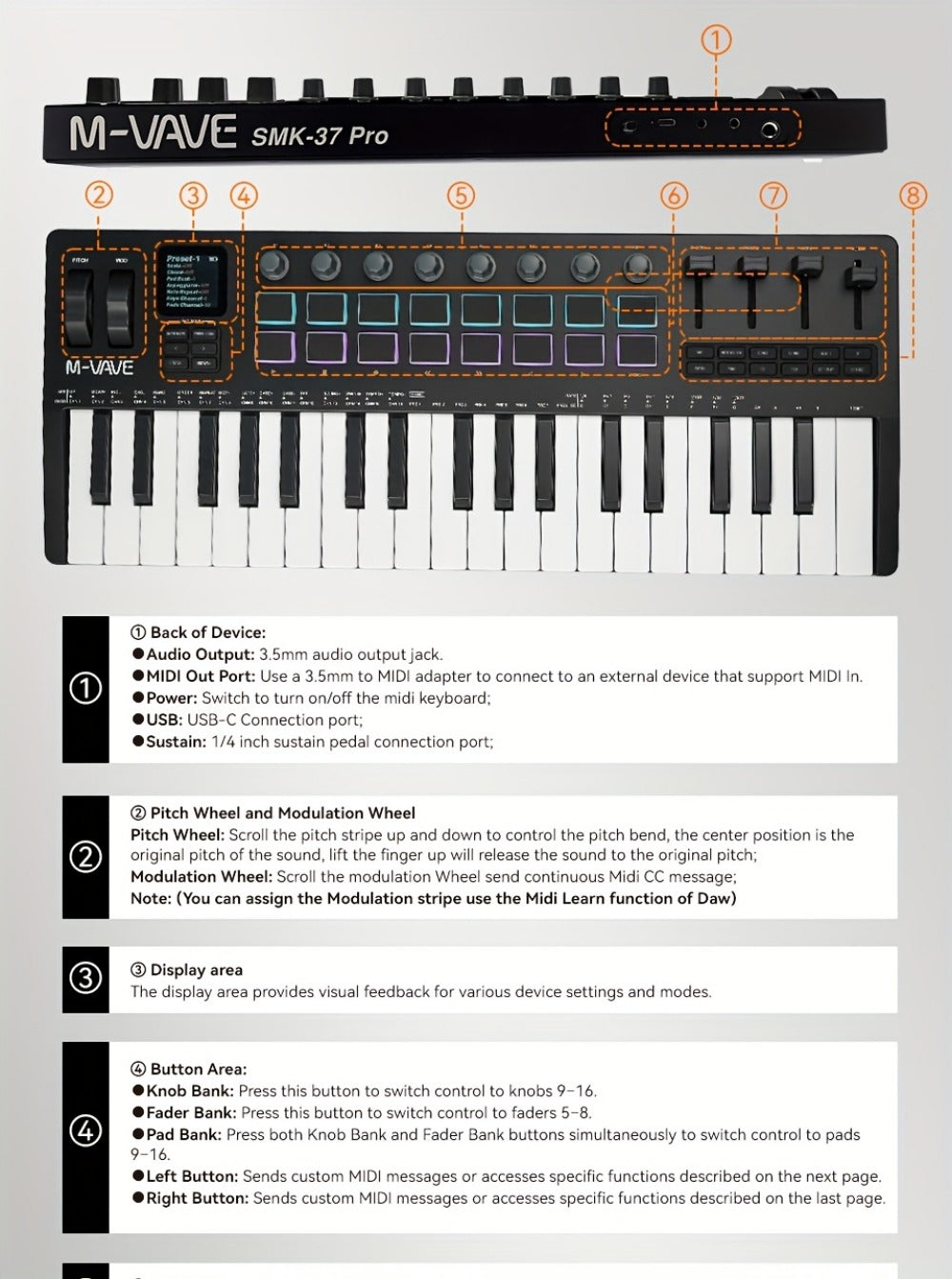 MIDI Keyboard Controller, Wireless, 37 Keys, M-VAVE, SMK37PRO for Music Production detail image - detail view 26