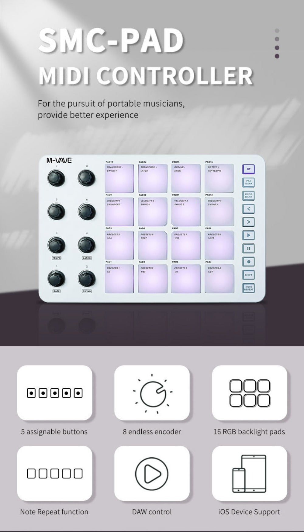 MIDI Pad Controller, USB, Wireless, Professional-Grade, Multi-Effects for Music Production detail image - detail view 8
