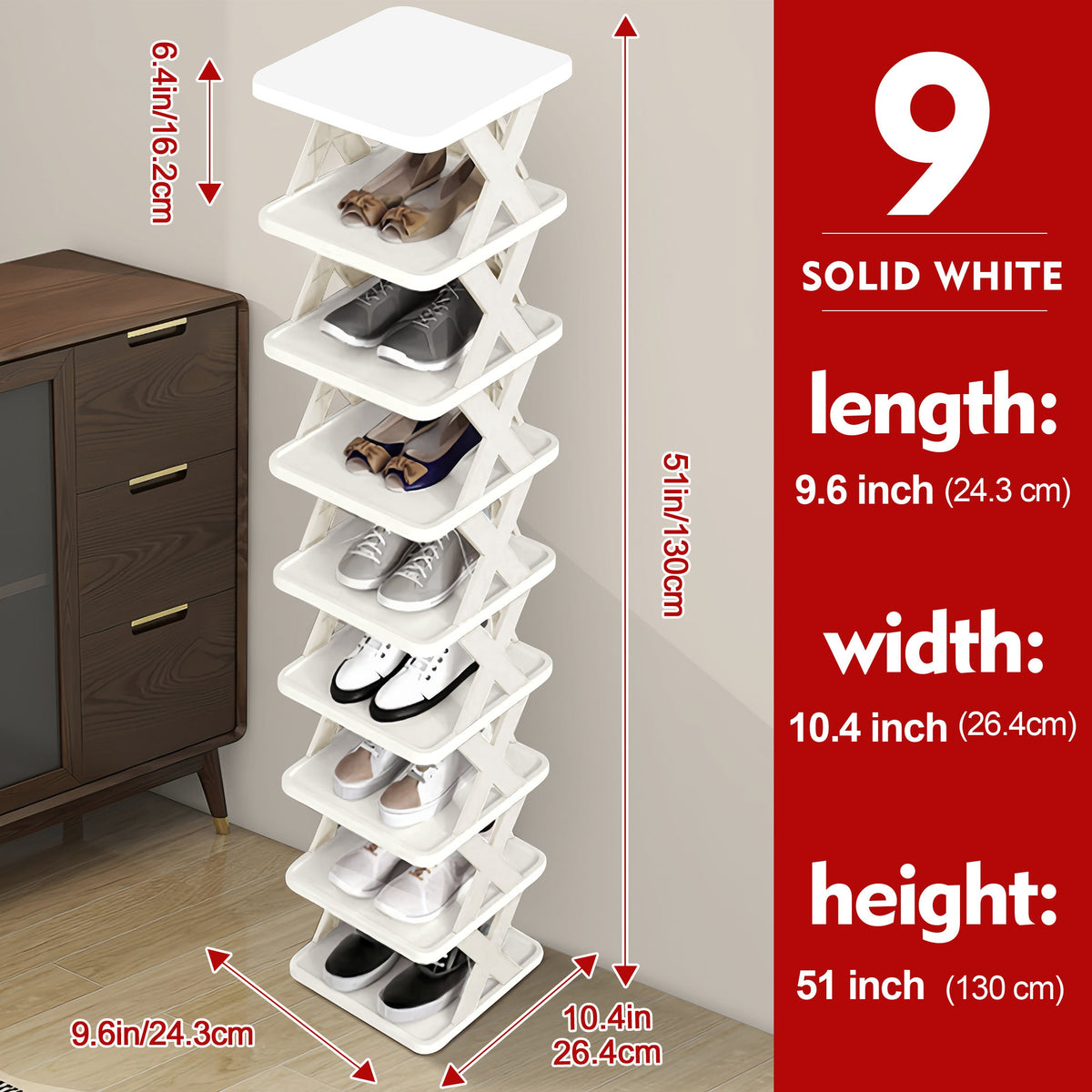 Shoe Rack shown in the 9 Tier - Solid White option