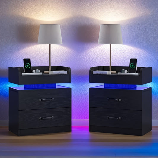 Nightstand with LED Lights & Charging Station - 2 Drawers Bedside Table, Modern End Table shown in the main product view