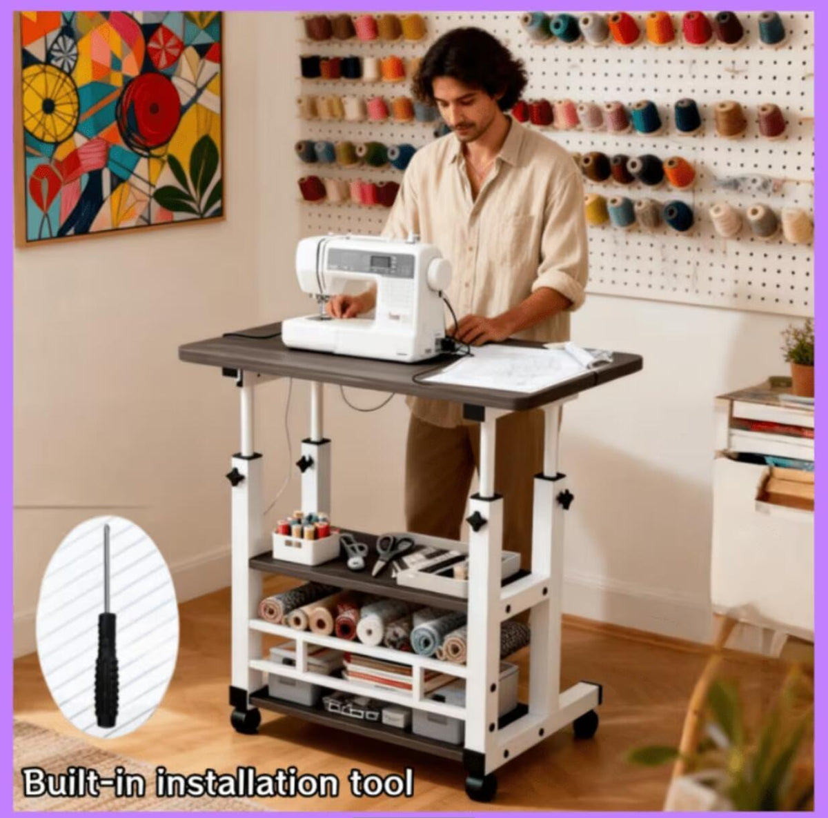 Rolling Adjustable Side Table with Adjustable Height and Locking Wheels for Living Room detail image - detail view 13