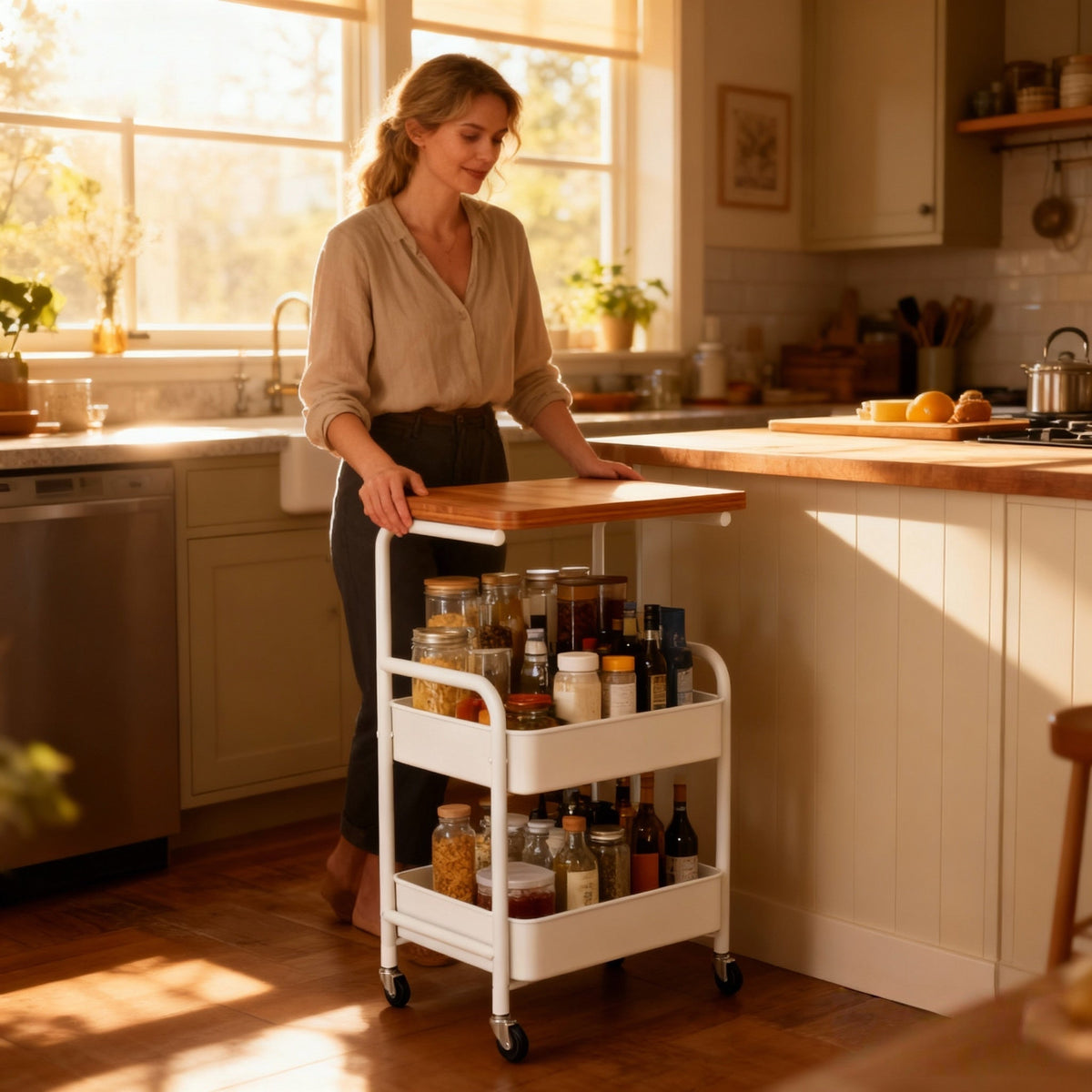 Rolling Metal Kitchen Storage Cart with Rolling Wheels for Organized Everyday Storage detail image