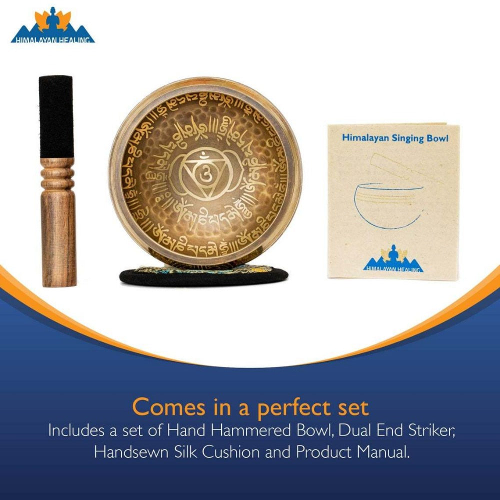 Tibetan Singing Bowl Set, 4-Inch Mantra and Third Eye Design with Mallet detail image - detail view 10