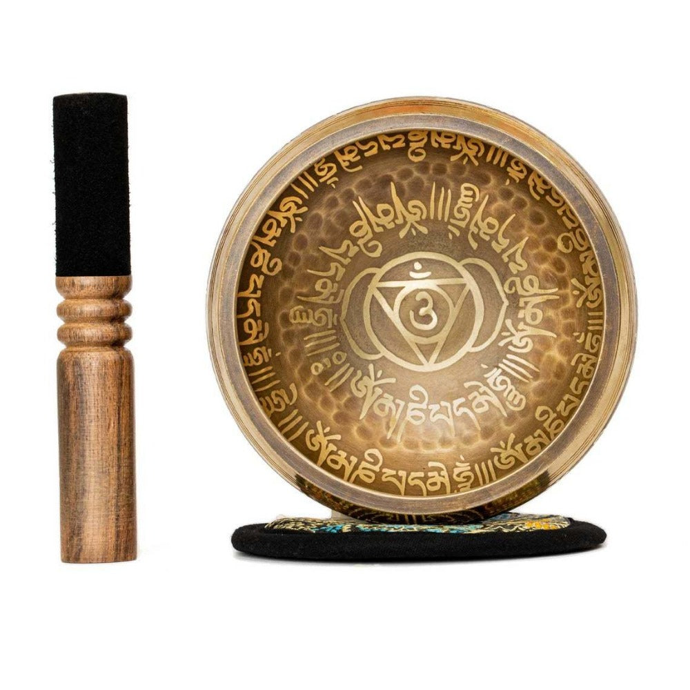 Tibetan Singing Bowl Set, 4-Inch Mantra and Third Eye Design with Mallet detail image - detail view 7