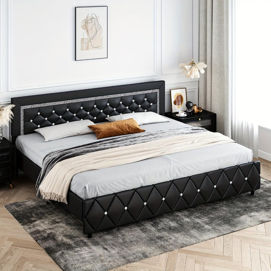 Faux Leather Bed Frame with Diamond-Tufted Headboard and Wood Slats, Black