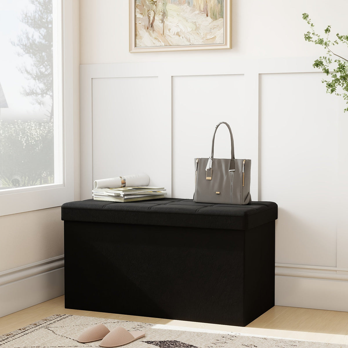 Ottoman shown in the Black Leather - 31.5 Inches option