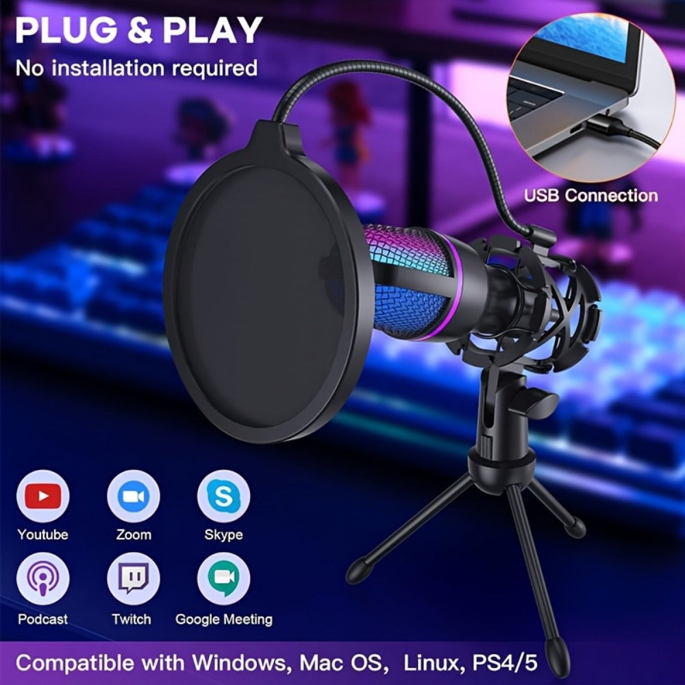 USB RGB Condenser Microphone Kit with Tripod, Pop Filter and Monitor detail image - detail view 10