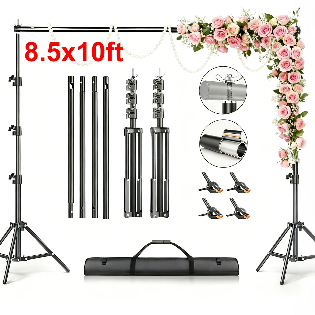 Multi-Size Adjustable Backdrop Stand Kit 10x10ft & 6.5x6.5ft – Heavy Duty Sturdy Background Support System for Photo Studio, Wedding, Party & Event Photography, Quick Setup Design