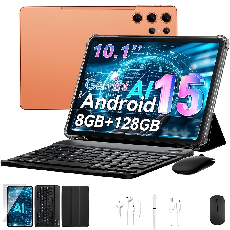 Android 15 Tablet 10.1 Inch 8GB RAM 128GB ROM – 8000mAh Battery, 1280x800 HD Display, 5MP+16MP Dual Camera, Stereo Speakers, WiFi, with Keyboard Case Mouse Stylus USB Cable