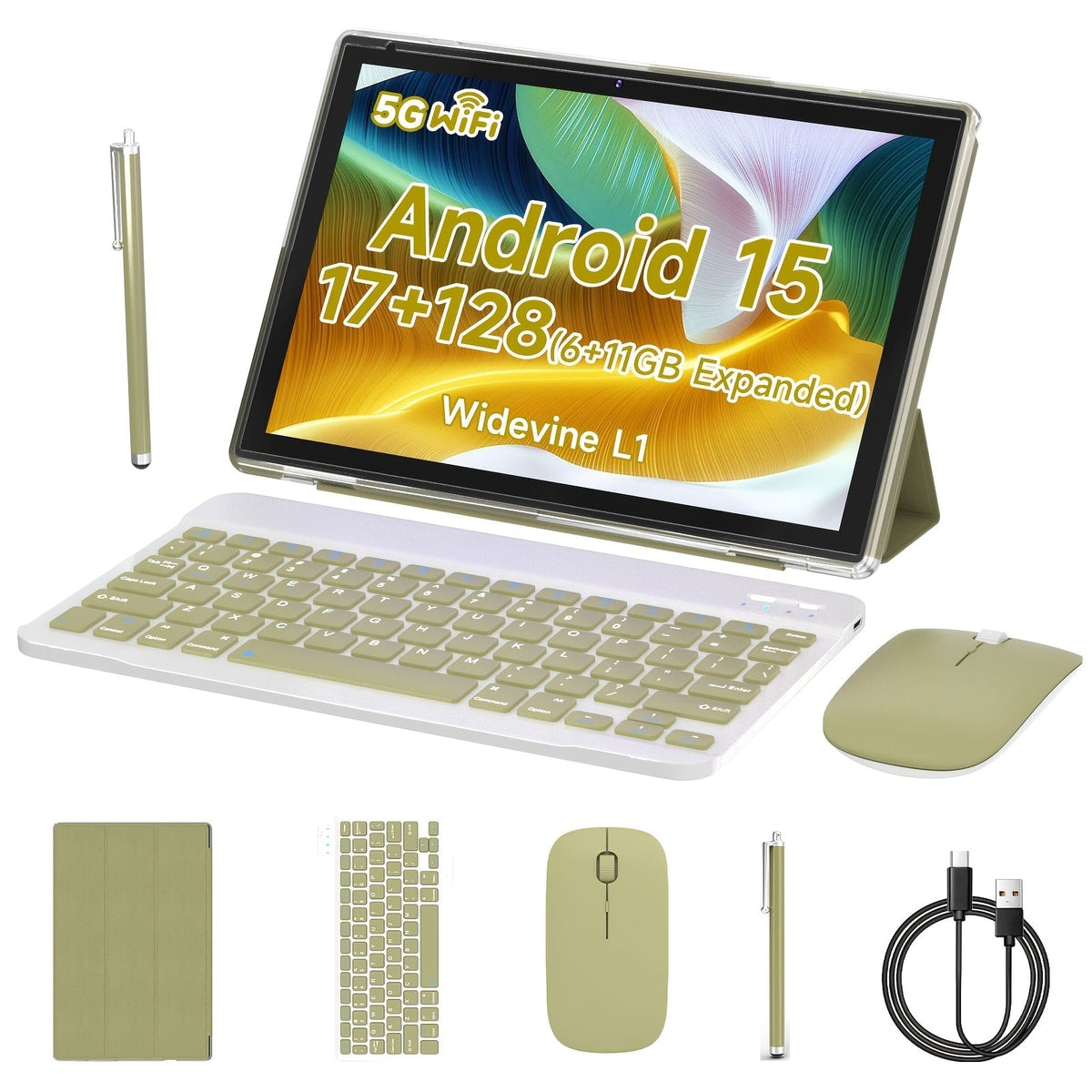 PEICHENG Android 15 Tablet 10 Inch, 17GB RAM (6GB+11GB) 128GB ROM 1TB Expand, WiFi 6 Dual Band, IPS Touch Screen, Quad Core, Stylus Pen Included, Tablet PC for Study Gaming Streaming
