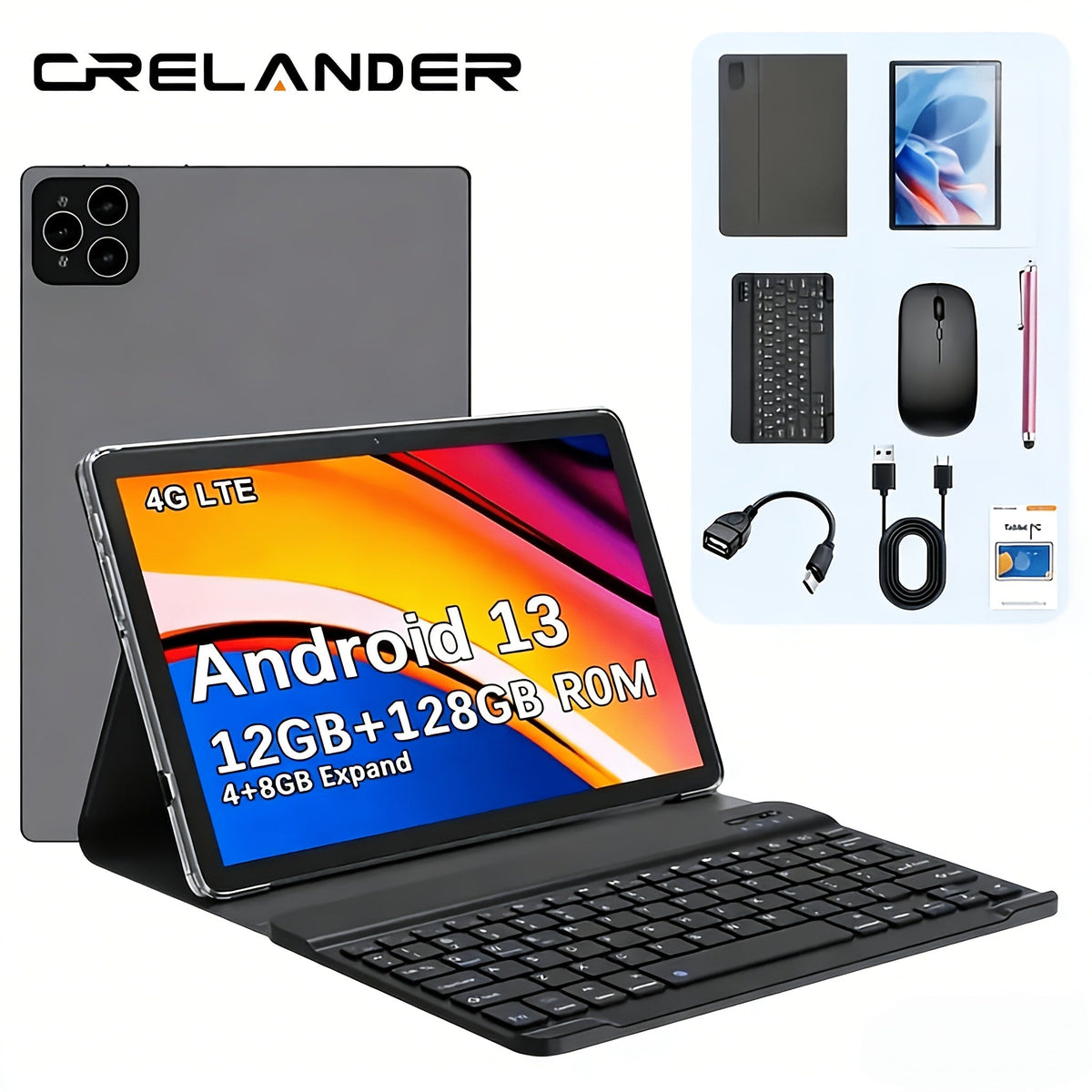 CRELANDER 4G LTE Tablet with Keyboard Mouse Stylus & Case – 12GB RAM, 512GB Storage, GPS, WiFi, Full Bundle 2-in-1 Tablet PC, Perfect Graduation & New Year Gift for Work Study Travel