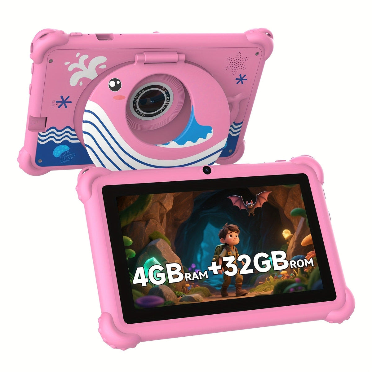 ABS Case Kids Tablet 7 Inch Android 4GB RAM 32GB ROM 512GB Expandable Parental Controls Eye Protection Display Dual Camera WiFi Stereo Speakers Type-C Durable Learning Tablet for Children Ages 3-12 Pink Blue