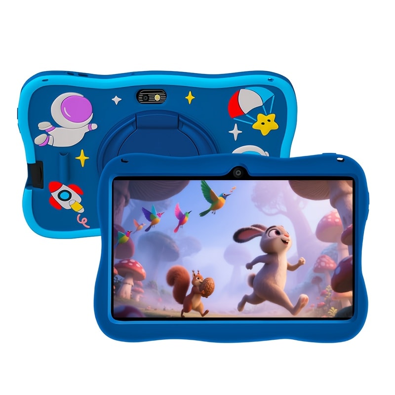 GMS Certified Kids Tablet 7 Inch Android 14 4GB RAM 128GB ROM Eye Protection Screen 5G WiFi Shockproof Case Dual Camera Parental Controls Educational Apps Learning Tablet for Children Teens Blue