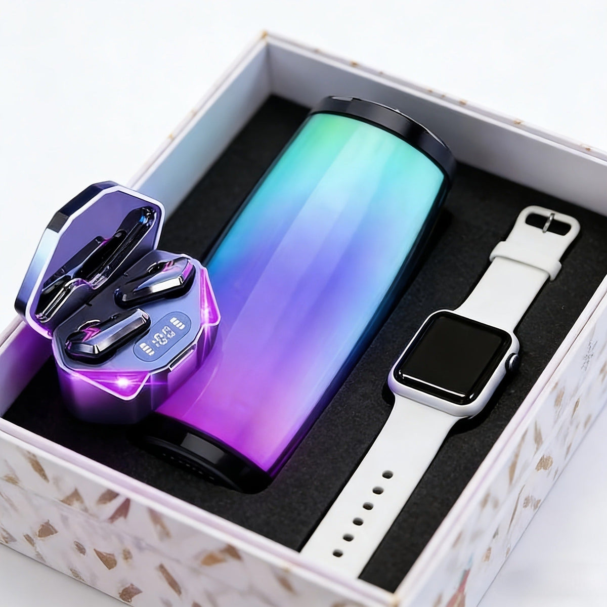 Gaming Headset Bundle Set Glowing LED Headphones Bluetooth Speaker Wireless Earbuds Surround Sound Touch Control 3-4 Piece Combo Gift Set with Free Watch for Teens Gamers