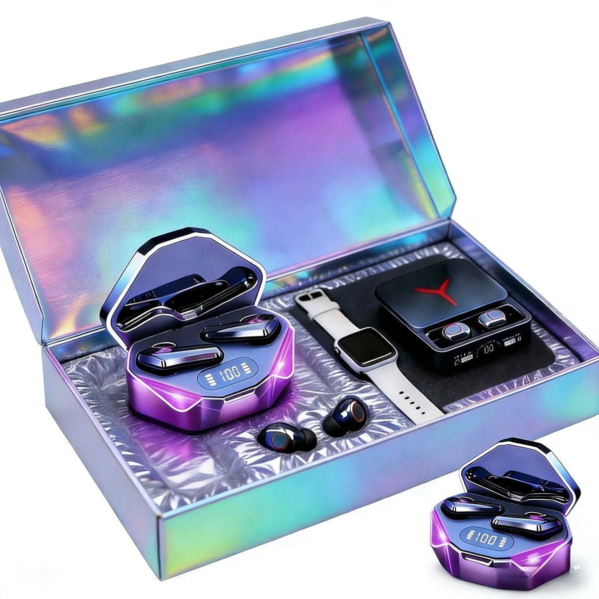 Gaming Headset Bundle Set Glowing LED Headphones Bluetooth Speaker Wireless Earbuds Surround Sound Touch Control 3-4 Piece Combo Gift Set with Free Watch for Teens Gamers