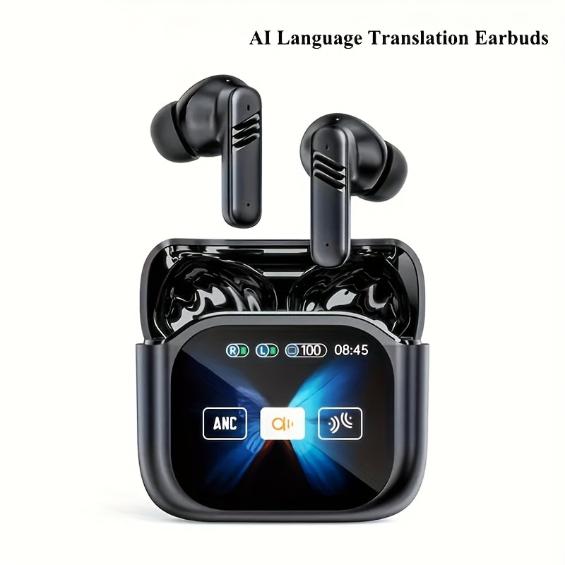 ENC Translation Earbuds Wireless 5.4 Real-Time Language Translation In-Ear Noise Cancellation Full-Color Touch Display Stereo Audio Type-C Charging Black White