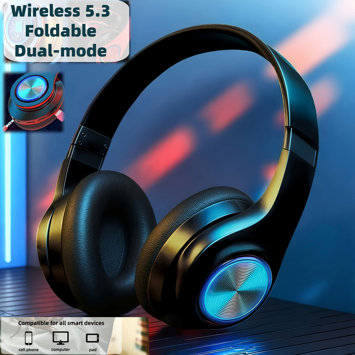 LED Light Over-Ear Wireless Headphones Deep Bass Subwoofer, Active Noise Cancelling Foldable Headset Bluetooth 5.3, Wired & Wireless Dual Mode AUX, USB Rechargeable for Gaming Music Sports