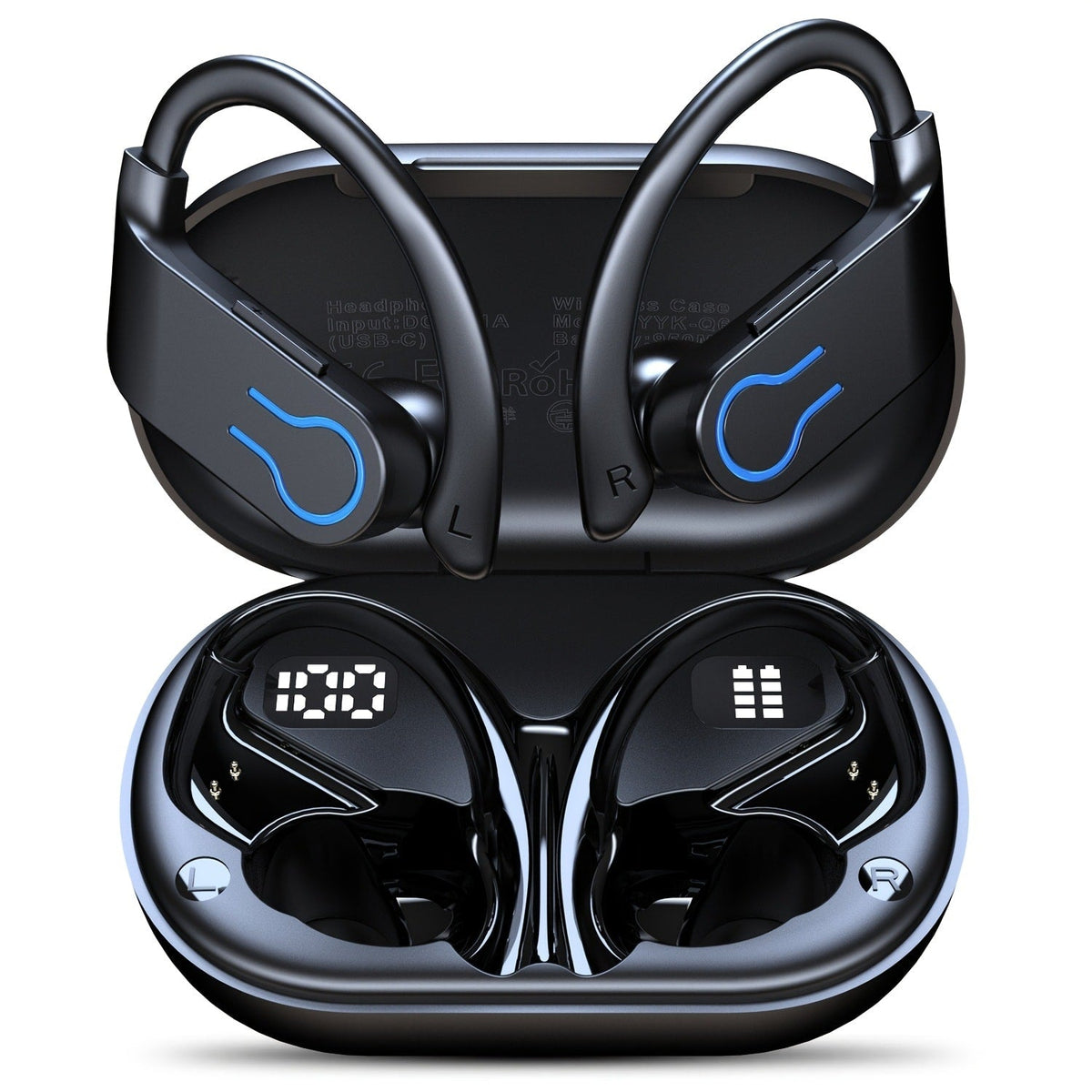 TWS Earhook Wireless Earbuds Semi-Open Back with LED Charging Case, ENC Noise Reduction, Touch Volume Control, Built-In Microphone, True Wireless Bluetooth Headphones for Sports Travel Work