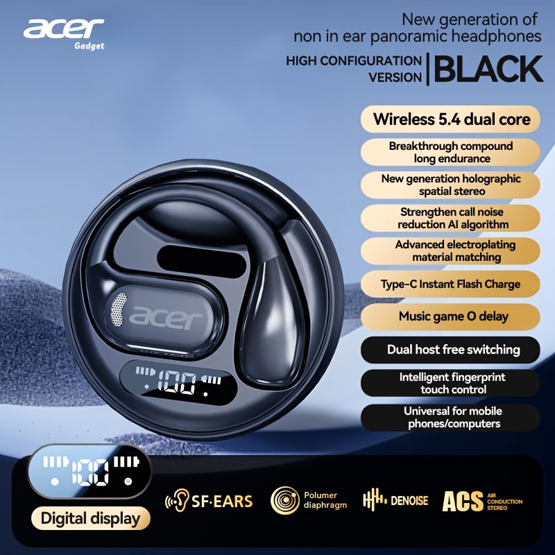 Acer OHR510 Dual Leak-Proof TWS Earbuds Bluetooth 5.4 HiFi Bass All-Day Comfort Lightweight Touch Control USB-C Charging Case Non-Painful Long Wear Wireless Earphones for Phone Tablet Laptop