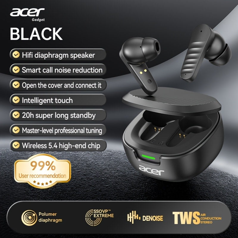 Acer 2026 Gaming TWS Earbuds Low Latency HiFi Heavy Bass Noise Cancellation Wireless In-Ear Ultra Long Battery Sports Running Multi-Device Charging Case