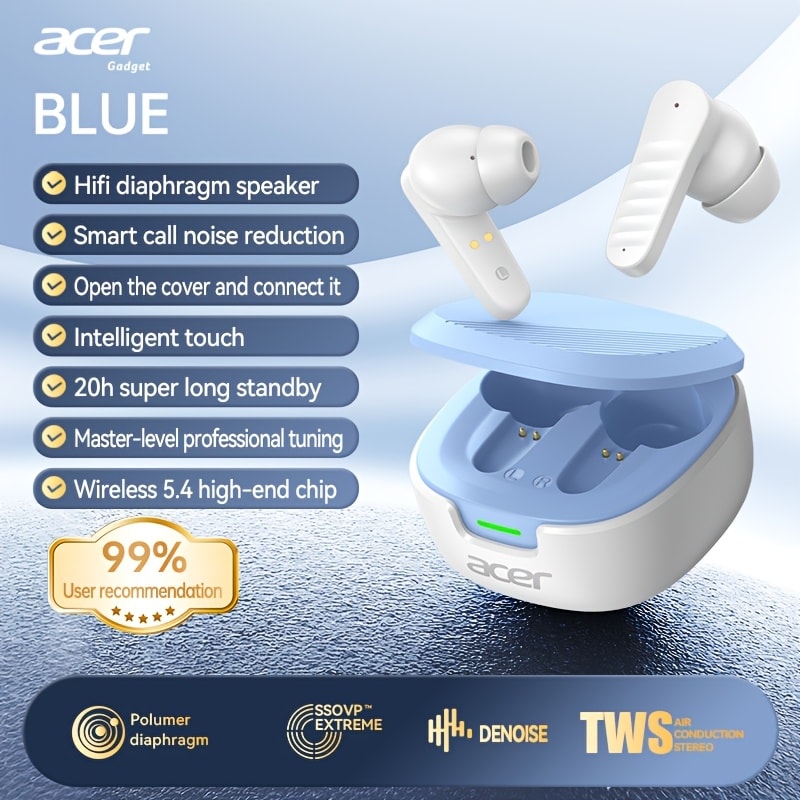 Acer 2026 Gaming TWS Earbuds Low Latency HiFi Heavy Bass Noise Cancellation Wireless In-Ear Ultra Long Battery Sports Running Multi-Device Charging Case