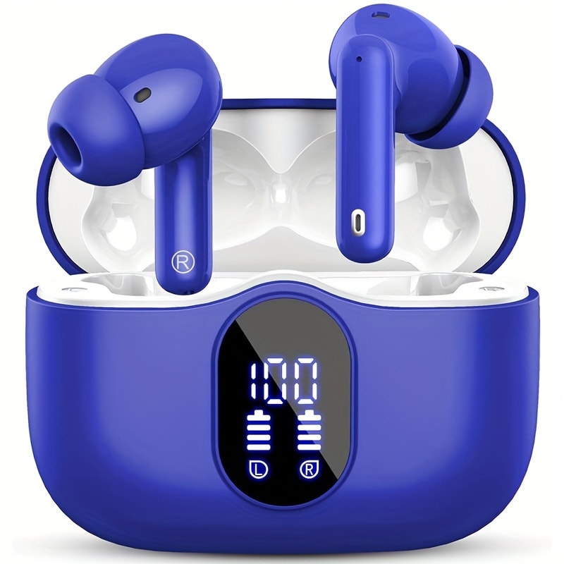 Wireless Earphones Bluetooth 5.3, 40-Hour Playtime, Bass Stereo Sound, LED Display, Noise-Cancelling Mic, Type-C Charging - In-Ear Earphones for Laptop, Tablet, Phone & Sports