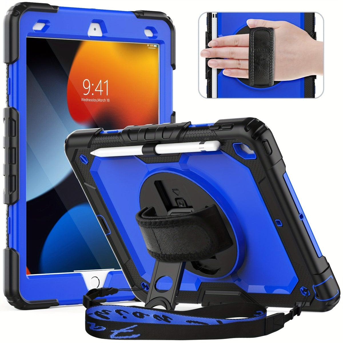 iPad 9th 8th 7th Generation Case 10.2 Inch Heavy Duty with Screen Protector, Hand & Shoulder Strap, 360° Rotating Stand, Pencil Holder – Full Body Protection for iPad 7/8/9 Gen, Black
