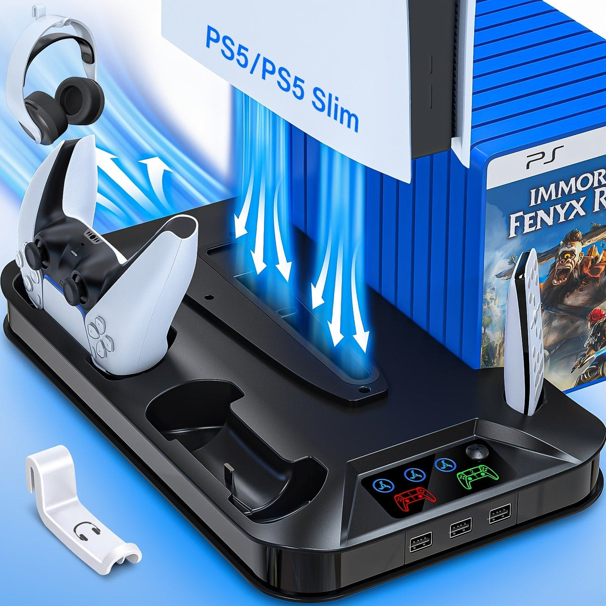 Auto Turbofan PS5 Cooling Stand with 3-Level Speed Control & Dual Controller Charger for PS5 / PS5 Slim / PS5 Pro – Charging Station for All PlayStation 5 Console Editions, Great Christmas Gift