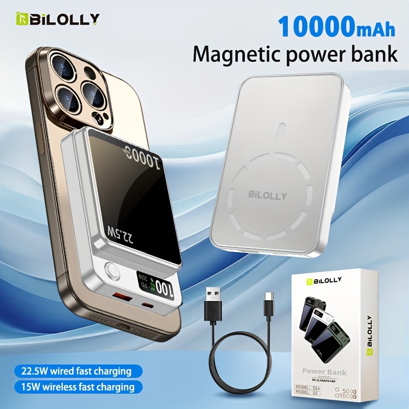 15W Wireless 22.5W Fast Charge Magnetic Power Bank 10000mAh 15000mAh, MagSafe Compatible Portable Charger USB-C LED Display Slim Lithium Polymer Battery for iPhone Android Samsung – Cable-Free Charging