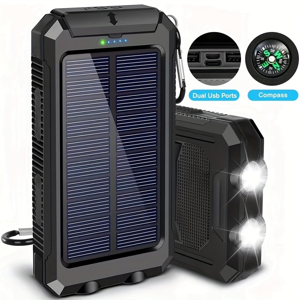 29800mAh Solar Power Bank with Compass & Dual LED Flashlight – Outdoor Camping Portable Charger, Dual USB 5V Output, SOS Emergency Battery Pack for Cell Phones & Mobile Devices, Black/Orange