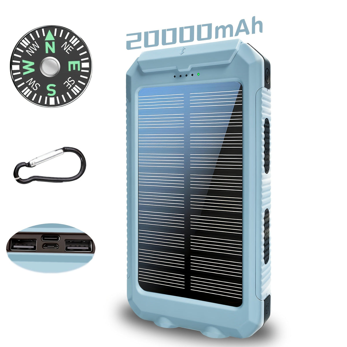20000mAh Solar Power Bank with Built-In Flashlight & Compass – Dual USB Portable Charger for Camping Hiking Emergency Survival Outdoor Use, Compatible with All Mobile Devices, iPhone Android Samsung