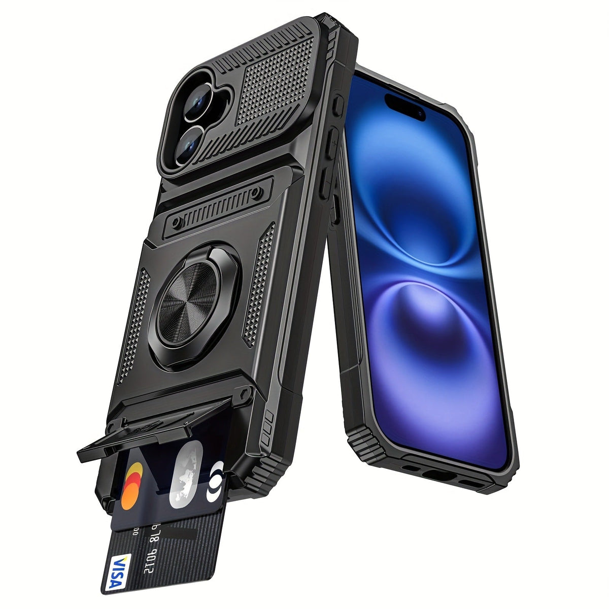 360° Metal Stand iPhone Case with Dual Card Slot Heavy Duty Shockproof Hard Shell Cover for iPhone 16 15 14 13 11 Pro Max Plus 8 7 Series – Rotating Kickstand Wallet Phone Case