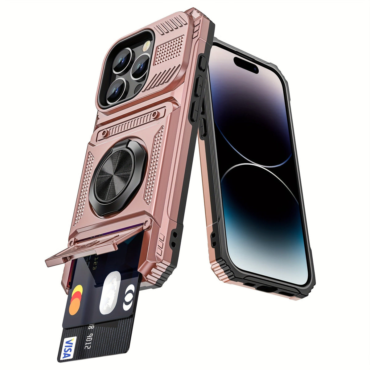 360° Metal Stand iPhone Case with Dual Card Slot Heavy Duty Shockproof Hard Shell Cover for iPhone 16 15 14 13 11 Pro Max Plus 8 7 Series – Rotating Kickstand Wallet Phone Case