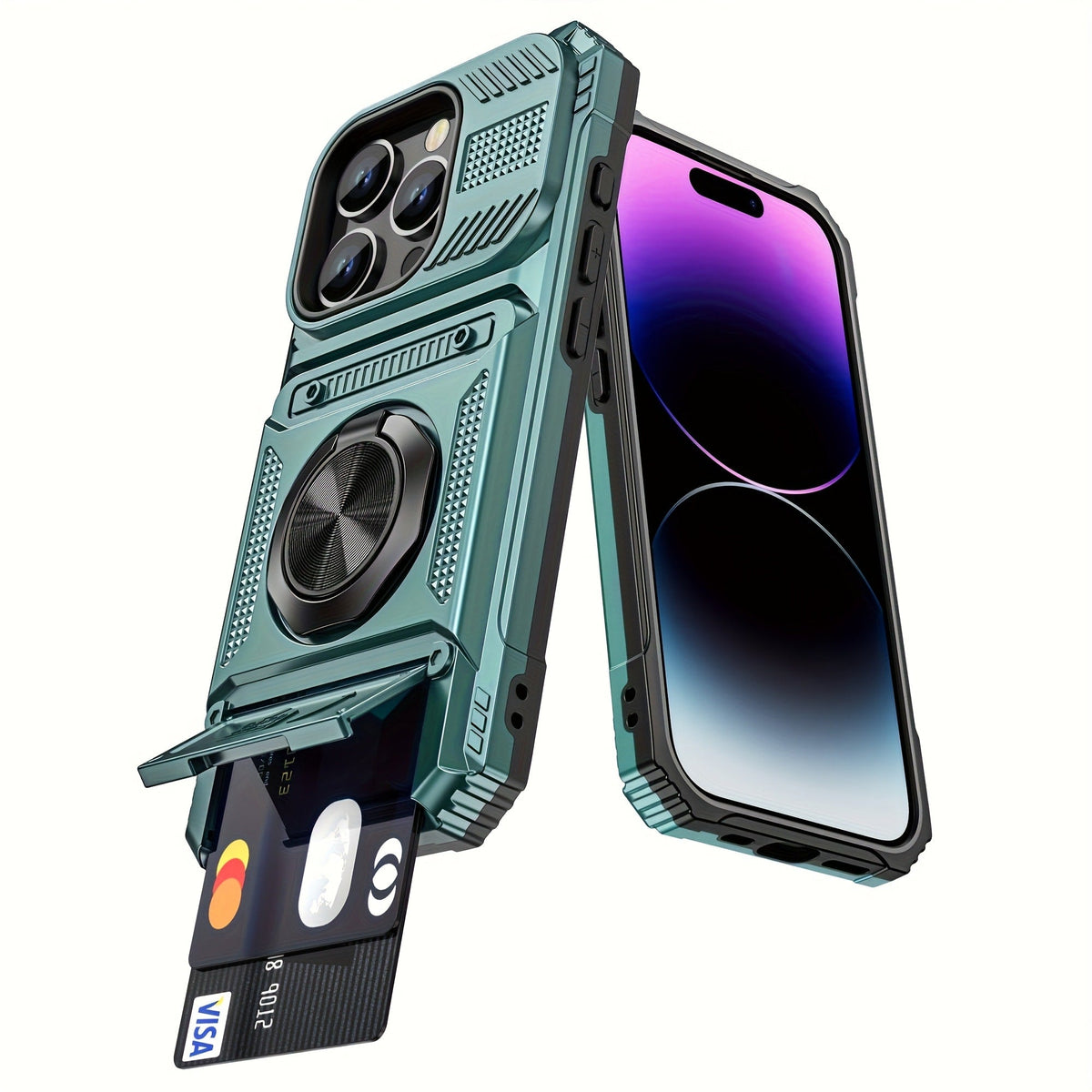360° Metal Stand iPhone Case with Dual Card Slot Heavy Duty Shockproof Hard Shell Cover for iPhone 16 15 14 13 11 Pro Max Plus 8 7 Series – Rotating Kickstand Wallet Phone Case