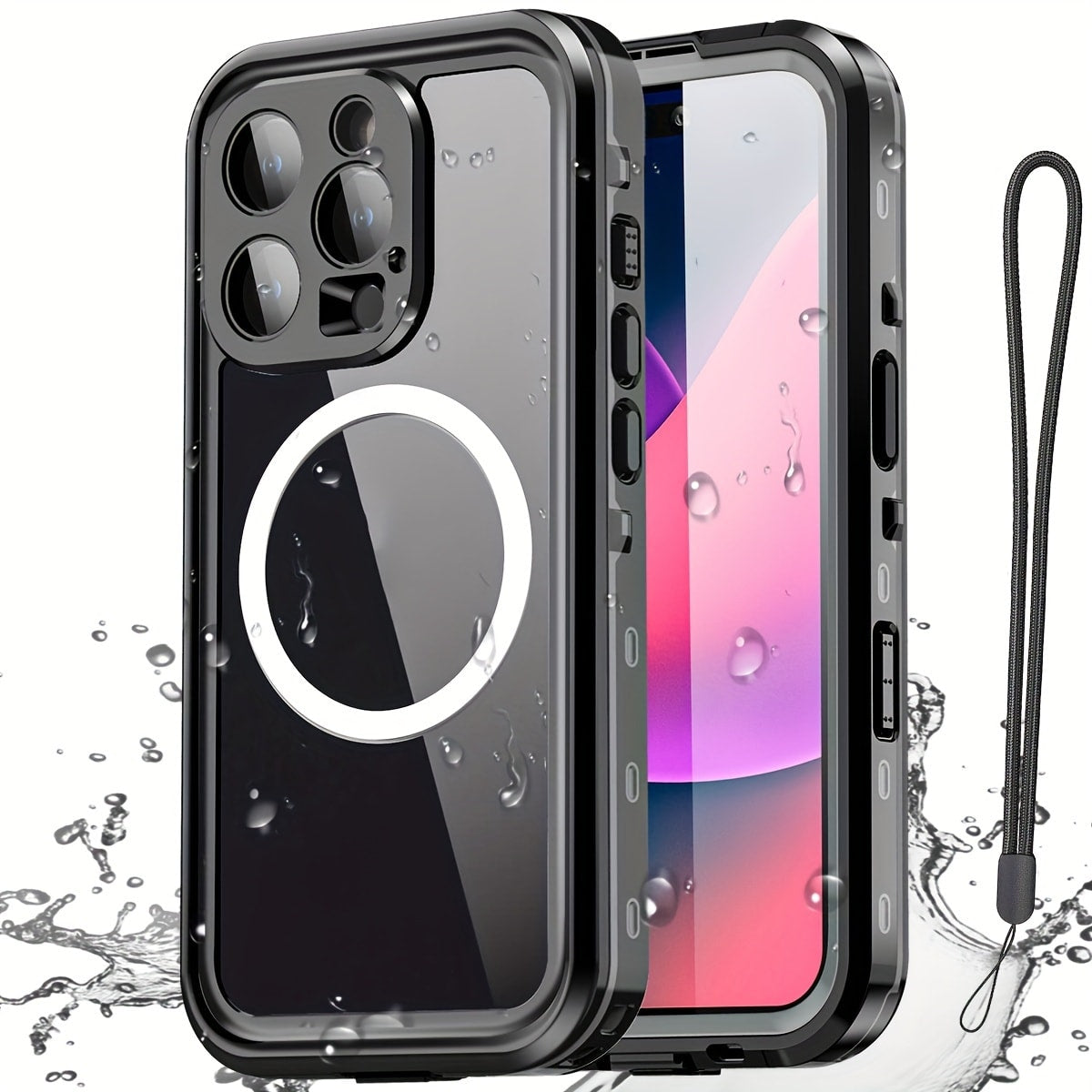 Heavy Duty iPhone Case with Built-In Screen Protector MagSafe Compatible for iPhone 16 Pro Max 16 Pro 15 Pro Max 15 Pro 15 Plus 15 – Shockproof Waterproof Hybrid Cover with Lanyard