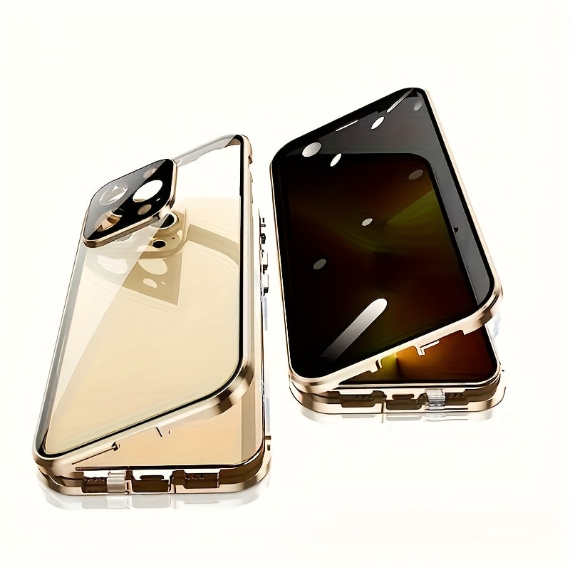Clear Back Privacy iPhone Case with Metal Frame & Magnetic Double-Sided Tempered Glass – Anti-Peep Anti-Spy Transparent Cover for iPhone 12 13 14 15 16 Pro Max Plus, Wireless Charging Compatible