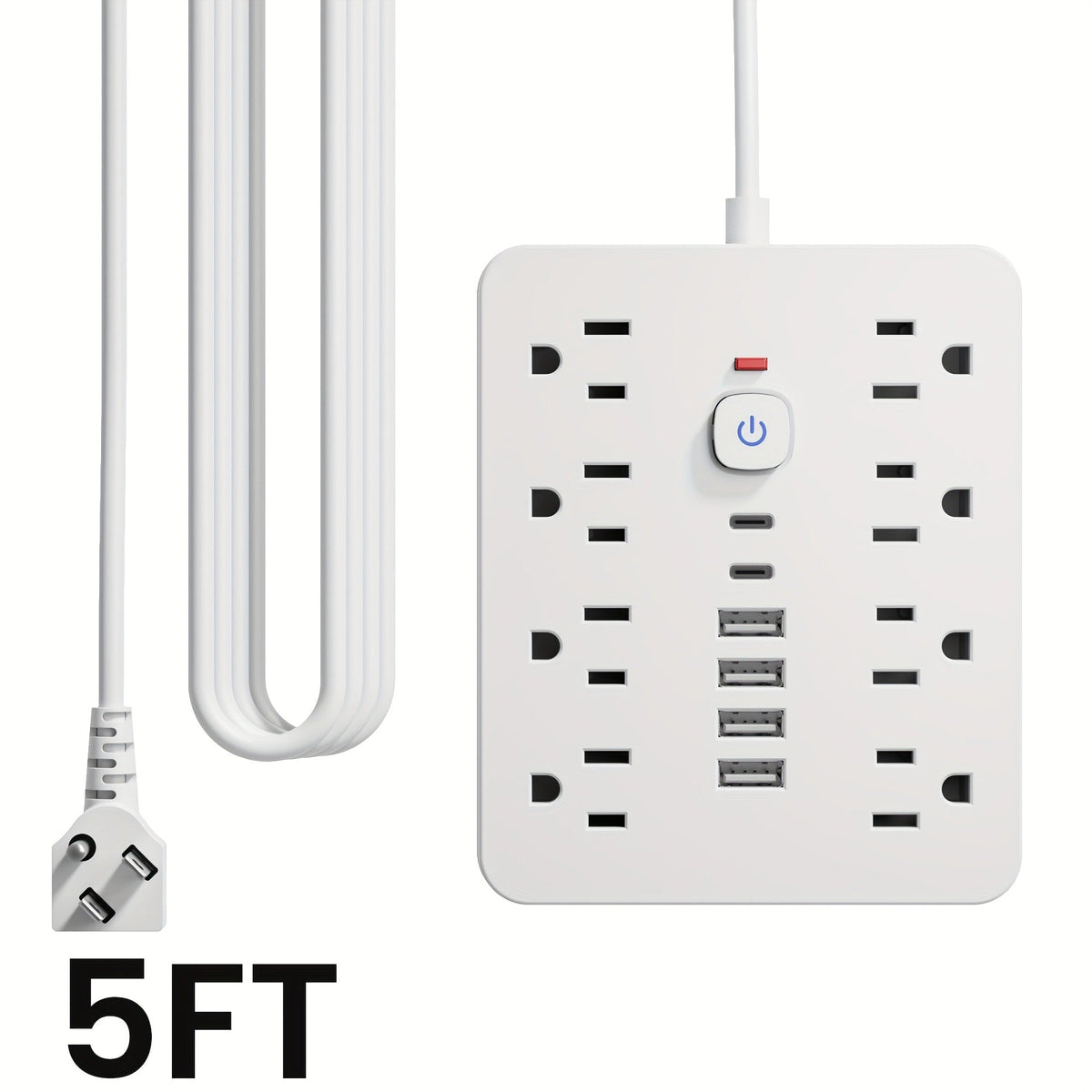 Flat Plug Wall Mount Power Strip 14-in-1 Surge Protector - 8 AC Outlets, 4 USB-A & 2 USB-C Ports, 5ft/10ft Extension Cord, Overload Protection, Desktop Charging for Home Office