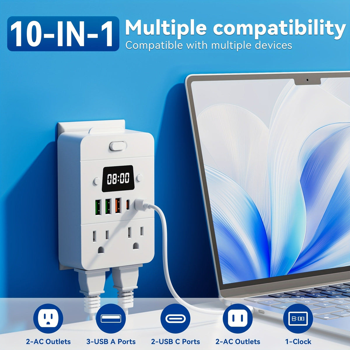 Desktop Power Strip with LED Desk Lamp & Clock 9-in-1, 4 AC Outlets & 5 USB Ports (3 USB-A & 2 USB-C), Surge Protection & Overload Safety for Office, Study, Home & School
